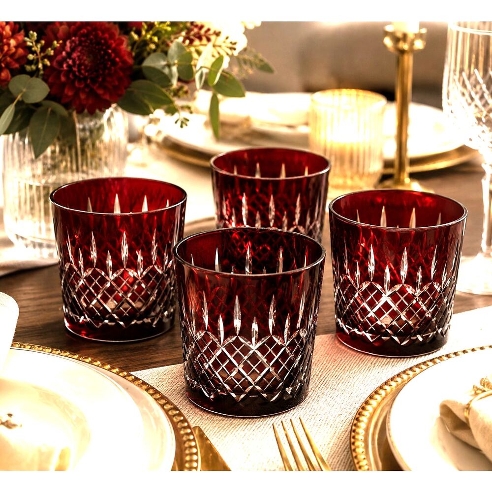 Vtg. Bohemian / Czech Ruby Red Cut to Clear Crystal Double Old Fashioned Glasses